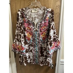 Savanna Jane Brown White Cow Print Embroidered Floral Bell Sleeve Top 2X Western
